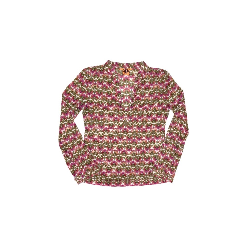 Tory Burch Floral Print Cotton Tunic Top in Pink Gold Sequin Detail – Size 6